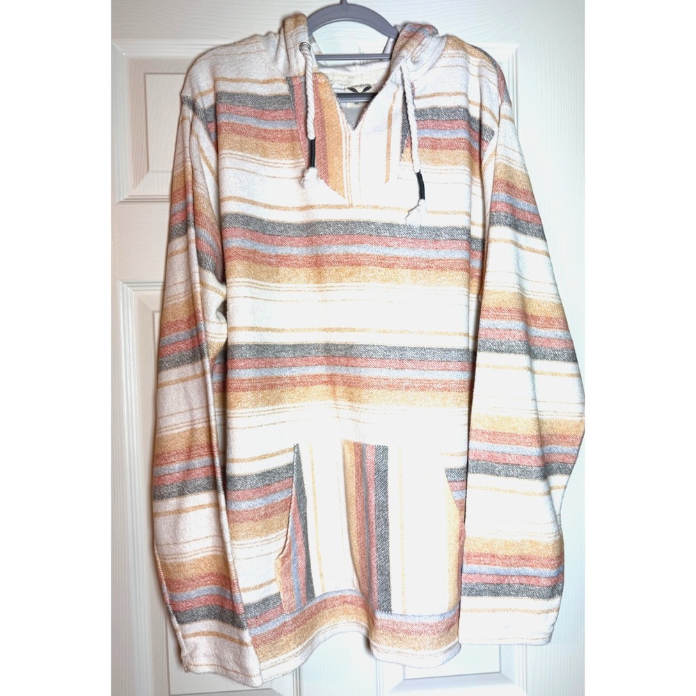 US Vintage Women's XL Boho Striped Pullover Hoodie Tunic Multicolor Kangaroo Poc